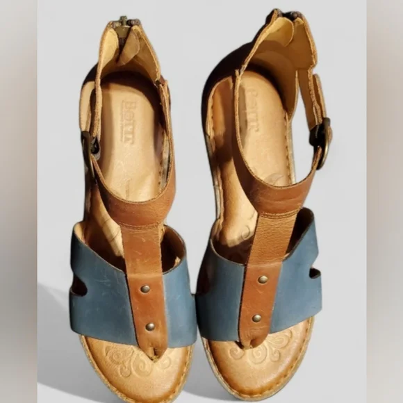 Born Selby Leather Slingback Sandals in Navy with Brown Size 11 - Picture 2 of 9